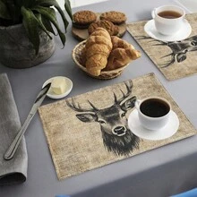 1pc/4pcs/6pcs Deer Head Printed Linen Placemats, Suitable For Dining Table, All Season Decor, Modern Washable Table Mats, Room Decor, Coasters, Kitchen Dining Mats, Indoor Outdoor Party Decoration, Home Decor, Ideal Gift - Multicolor - View 5