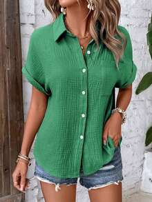 Women's Casual Cotton Short Sleeve Shirt With Buttons And Pocket - 綠色 - 查看 2