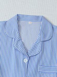 2pcs Women Blue & White Striped Print Pajama Set, Long Sleeve Button Collar Top And Pants, Casual Sleepwear Homewear Suit For Autumn/Winter, Fall Clothes