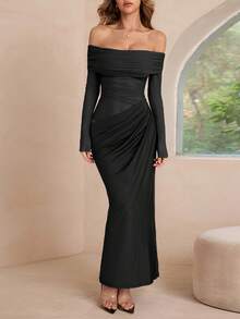 WOWDARK Women's Solid Off Shoulder Mesh Hollow Out Fitted Long Dress, Sexy & Flattering, Autumn