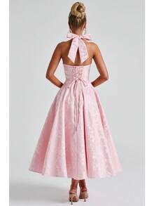 V-Neck Halter Neck Jacquard Backless Long Dress - Elegant Night Out Party Glam Festival Look For Women Spring Summe - 粉色 - 查看 3