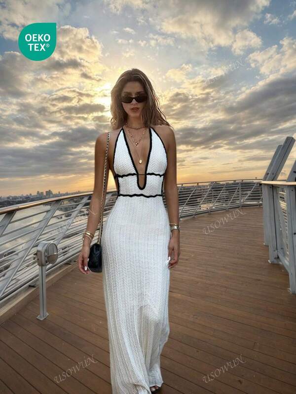 Vestido holgado con espalda al descubierto y detalles calados, estilo bohemio casual para verano y playa, ideal para vacaciones