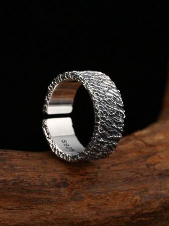 1pc 925 Sterling Silver Vintage Punk Crinkle Bark Texture Open Ring, Suitable For Men's Daily Wear