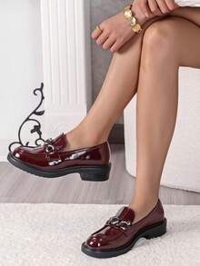 Mocassins plats sans lacets pour femmes, style britannique  enrobé noir, style rétro à bouche profonde - Rouge foncé - Voir 1