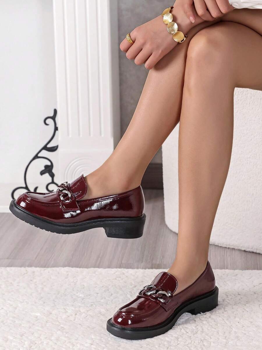 Mocassins plats sans lacets pour femmes, style britannique  enrobé noir, style rétro à bouche profonde - Rouge foncé - Voir 1