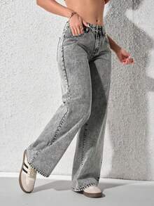 Teen Girl's Fashionable Versatile Pocketed Casual Wide-Leg Jeans - Grey - View 4