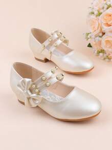 女童时尚白色香槟色蝴蝶结装饰优雅高跟礼服鞋，适合正式场合、派对、婚礼、演出、舞蹈等，适合幼儿、小女孩和大女孩。