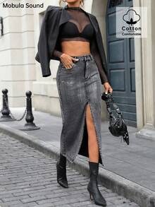 Mobula Sound 时尚休闲时尚银箔开衩牛仔女裙