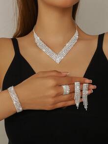 Ensemble de bijoux de mariée, boucles d'oreilles à franges brillants en cristal, collier élégant, bracelet et bague, convient pour le mariage, la fête, le banquet, le bal - Argent - Voir 1