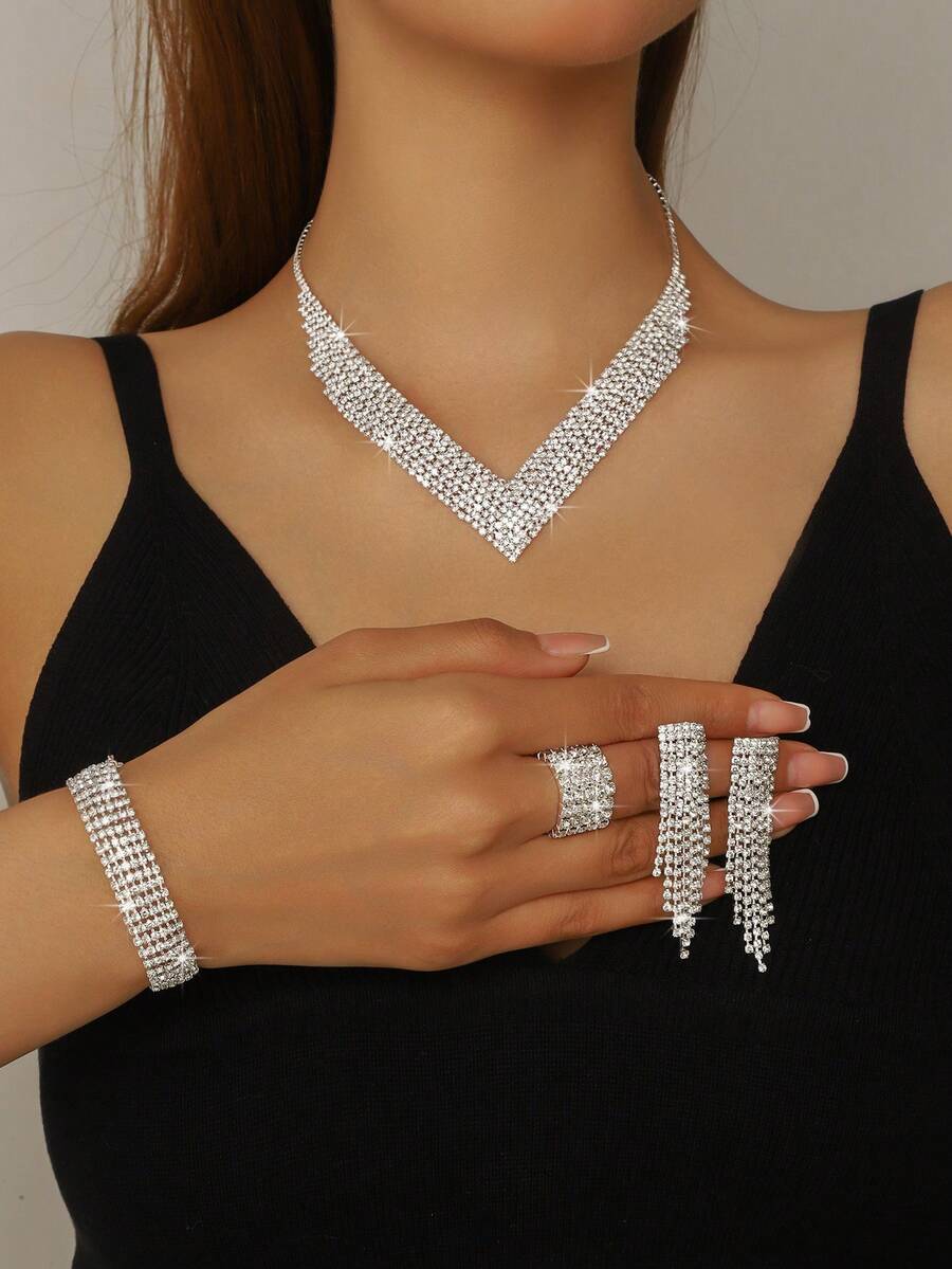 Ensemble de bijoux de mariée, boucles d'oreilles à franges brillants en cristal, collier élégant, bracelet et bague, convient pour le mariage, la fête, le banquet, le bal - Argent - Voir 1
