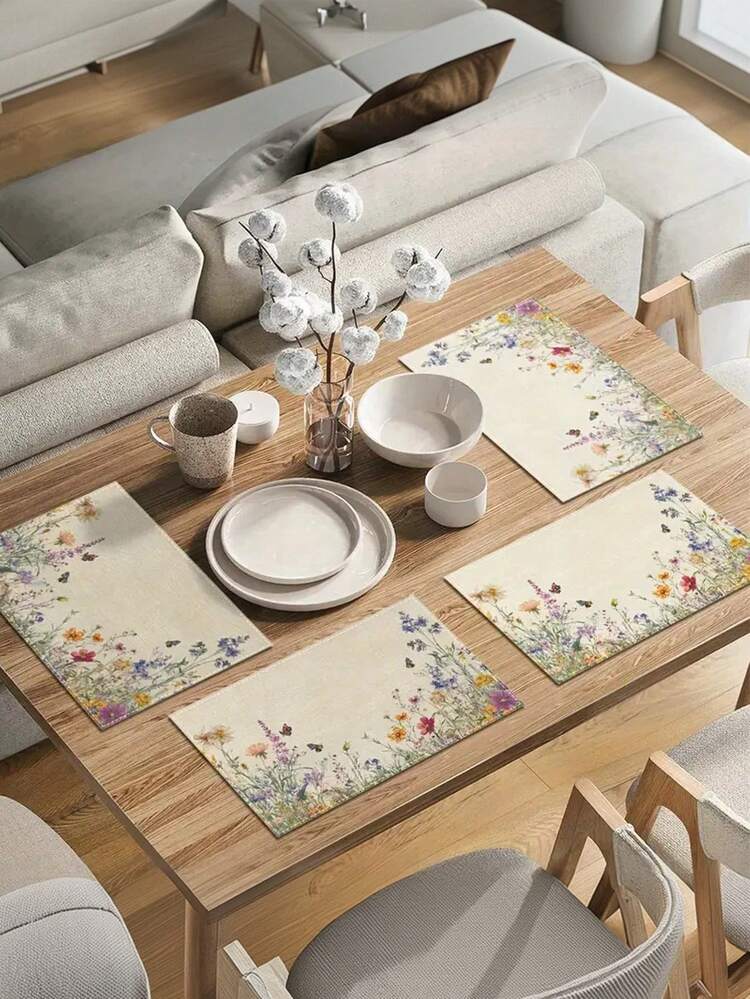 1/4/6/8/12pcs Floral Border Wildflowers Placemats 12x18inch - Washable Polyester Rectangular Table Mats For Dining, Kitchen & Holiday Party Decor, Vibrant Yellow Background With Green Foliage And Colorful Flowers - Multicolor - View 6