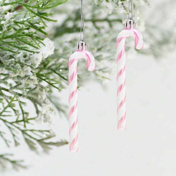 6pcs Candy Canes Plastic Christmas Candy Cane Ornaments Glitter Cane Plastic Xmas Tree Hanging Ornaments Decorations Hanging For Holiday Party Decoration (Pink) Xmas, Tree Toppers