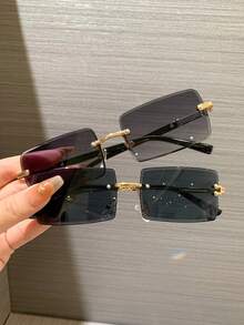 2pcs Frameless Sunglasses, Women's Retro Rectangular Metal Fashion Glasses, Classic Style For Outdoor Travel Beach Vacation Casual Wear, Summer UV Protection Driving Sunglasses For Men - 彩色 - 查看 2