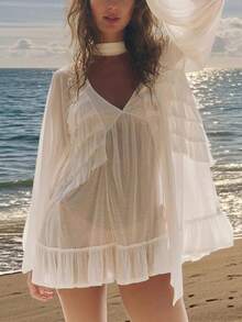 Womens Y2K Sheer Mesh Frill Shirt Tops Solid Color See Through Long Puff Sleeve V Neck Ruffle Hem Loose Fit T Shirts Blouses Boho Peplum Shawl Shirts With Scarf Set Fall Going Out Tops Beach Cover Up Vacation Streetwear - 白色 - 查看 1