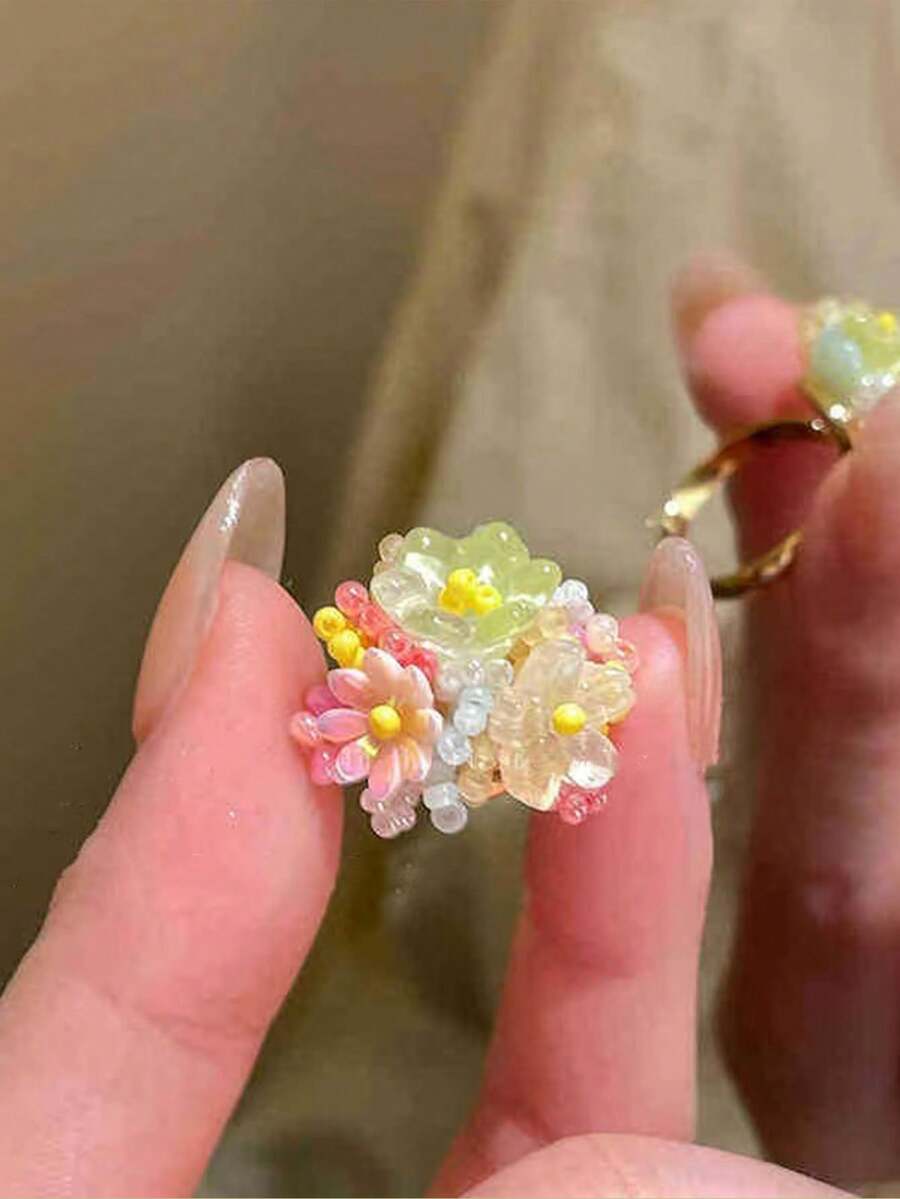 1 件时尚百搭多色花朵开口戒指，适合女性日常、度假、送礼佩戴 - 彩色 - 查看 1