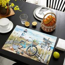 1 pieza/4 piezas/6 piezas Manteles individuales de lino con estampado de bicicleta vintage, decoración del hogar, adecuados para mesa de comedor, todo el año, manteles individuales lavables modernos, decoración de habitaciones, posavasos, manteles de mesa de cocina, decoraciones de fiesta interior/exterior, decoración del hogar, regalo ideal