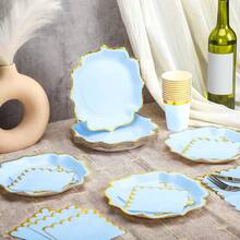 80件/套一次性派对不对称金箔餐具套装，包含蓝色金箔不对称盘子、一次性杯子、餐巾纸，适用于节日、生日、聚会 - 藍色 - 查看 6