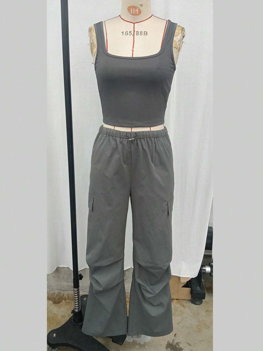 2pcs/Set Women Casual Solid Color Sports Vest And Cargo Pants With Pocket Design - Grey - View 1