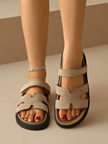 Women's Adjustable Hook And Loop Flat Sandals, Thick Sole Slip-On Summer Shoes, Comfortable Daily Walking Shoes. Vacation Style Suede Khaki Slide Sandals - Khaki - View 8