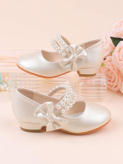 Zapatos de tacón alto elegantes con decoración de moño en blanco y champán, adecuados para bodas, fiestas, vacaciones, niña de las flores, niños, vestidos de gala, actuaciones, perlas, ballet, zapatos de princesa