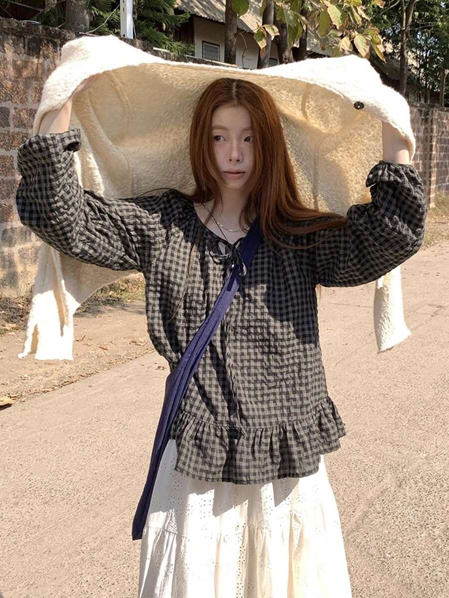 秋冬新款复古格子荷叶边拼接系带长袖女式衬衫，宽松修身套头衫，适合冬季圣诞节新年穿着 - 咖黑色 - 查看 1