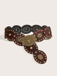 1 件棕色新款波尔卡圆点街头公牛 PU（聚氨酯）女士腰带，适合连衣裙、裙子、牛仔裤，时尚街头风格，适合秋季、秋季、万圣节日常使用