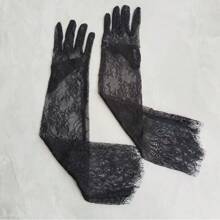 1 Pair Long Length Lace Gloves Thin Material Transparent Wedding Gloves Floral Pattern Sheer Fabric Bridal Gloves Night Club Autumn Accessories