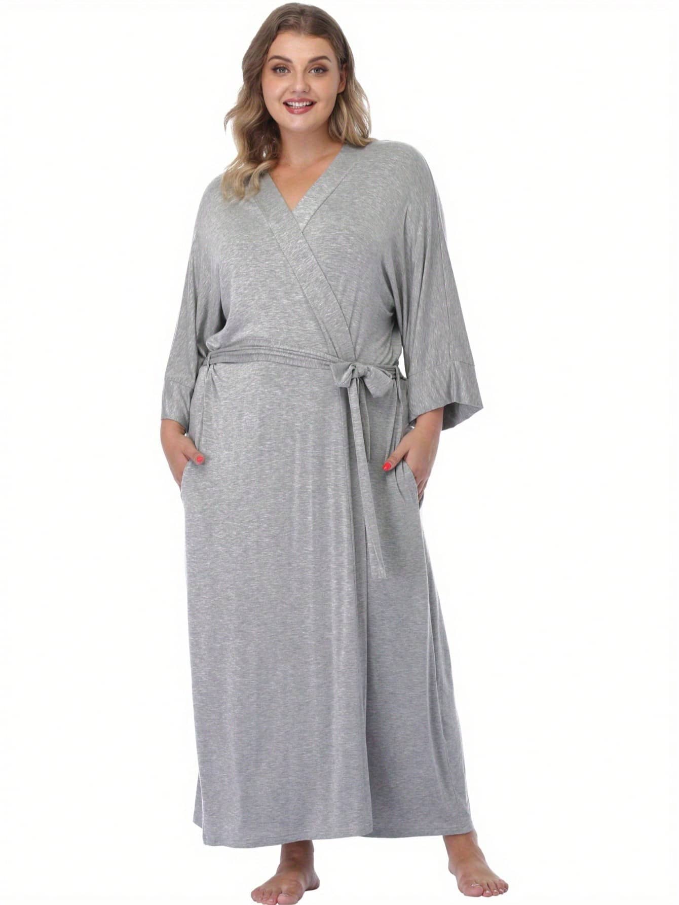 Womens Plus Size Long Robes Lightweight Kimonos V Neck Knit Bathrobe ...