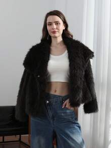 HH Faux Fur Jacket For Women Elegant Solid Lapel Long Sleeve Coat Casual Loose Female Winter Oversize Lady Chic Streetwear Jakcets - Màu xám đen - Xem 2