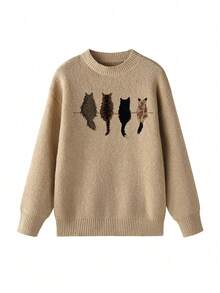 休闲猫咪图案落肩毛衣，秋冬 - 駝色 - 查看 4