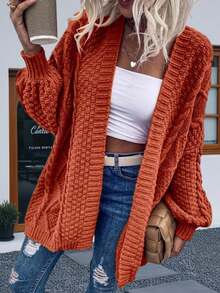 Womens Oversized Open Front Cardigan Sweaters Cable Knit Lantern Sleeve Chunky Knit Coats - Màu Cam san hô - Xem 5