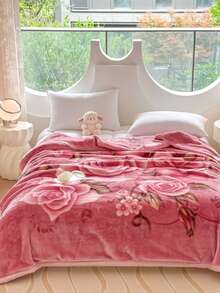 1pc Christmas Floral Pattern Blanket, Soft Double-Layer Raschel Throw Blanket, Long Plush Warm & Cozy For Bedroom, Living Room, Travel