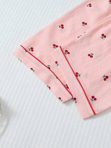 樱桃印花睡衣套装，甜美可爱翻领纽扣长袖上衣和裤子，女士睡衣和家居服，秋冬秋季服装 - 粉色 - 查看 7