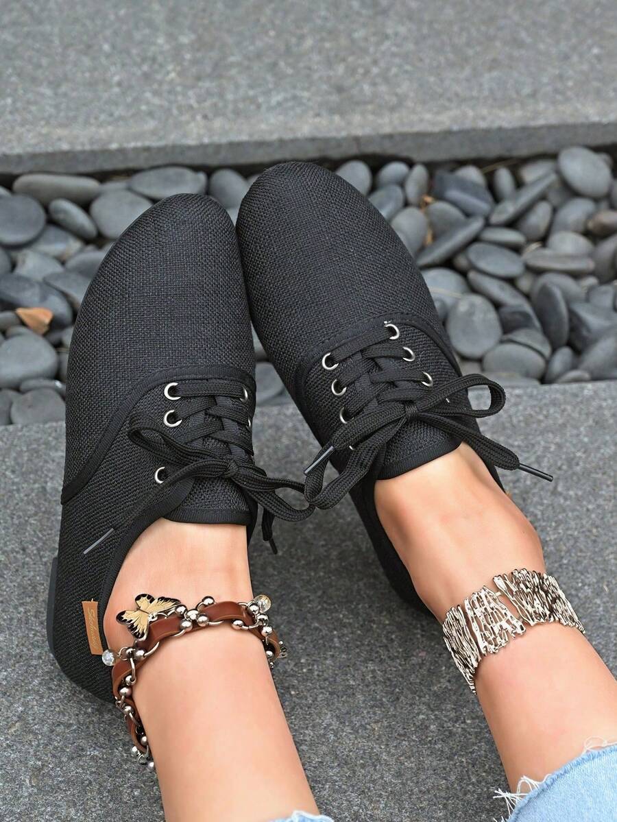 系带圆头女士时尚平底休闲一脚蹬优雅鞋 - 黑色 - 查看 1