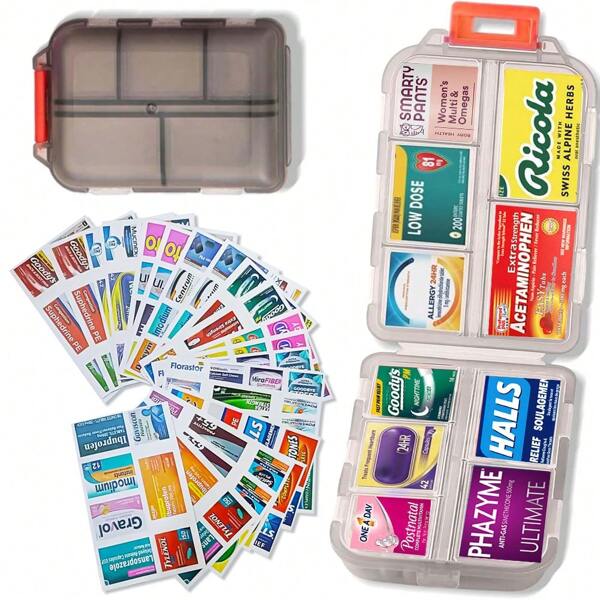 Pill Organizer With Medicine Labels – 161 Labels, Travel Daily Pill Container, Mini Medication Storage Organizer, Travel Essential Pill Case, 7-Day (Grey, 1 Pack)