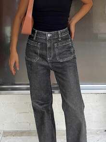 NVFelix 女士高腰直筒无弹力破洞牛仔裤，优雅Y2K户外休闲风格，适合春夏穿着，深灰色，2026新款 - 深灰色 - 查看 5