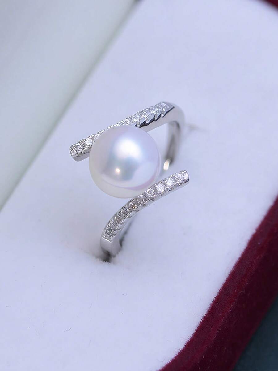 1枚精致女士仿珍珠戒指，镶嵌立方氧化锆，浪漫婚礼订婚首饰（无盒） - 銀色 - 查看 1