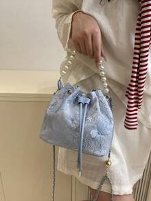 1个链条抽绳封口印花水桶包，饰有刺绣、仿珍珠装饰、肩带和可爱蝴蝶图案，女士晚宴手拿包、斜挎口红包，时尚礼品，适合女士派对、晚宴和日常使用，带蝴蝶结 - 藍色 - 查看 7