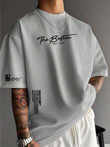 1PCSMen's Summer Casual Slogan Print Short Sleeve T-Shirt-Premium Cotton Graphic Printed Round Neck T-Shirts-365T - 淺灰色 - 查看 1