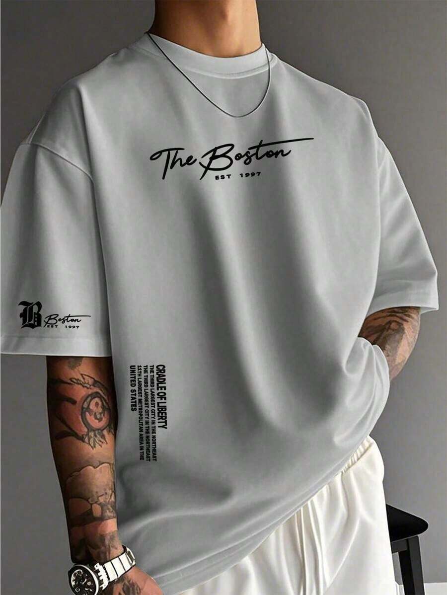 1PCSMen's Summer Casual Slogan Print Short Sleeve T-Shirt-Premium Cotton Graphic Printed Round Neck T-Shirts-365T - 淺灰色 - 查看 1