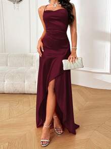 WOWDARK Summer Dress, Wine Red, Fashion Square Neck Ruffle Tie-Back Elegant Party Dress For Women, Suitable For Valentine's Day, Dates, Gatherings, Parties, Travel, Vacation, Beach - Burgundy - View 3