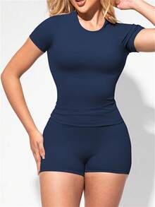 Two Piece Set Of Women's Solid Color Round Neck T-Shirt+High Waisted Cycling Shorts Sports Suit, Lapel Short Sleeved T-Shirt+Tight Shorts, Gym Clothing, Women's Sportswear, Indoor And Outdoor Casual Sportswear, Fitness Clothing, Workspace Clothing, Sportswear - 藏蓝色 - 查看 5