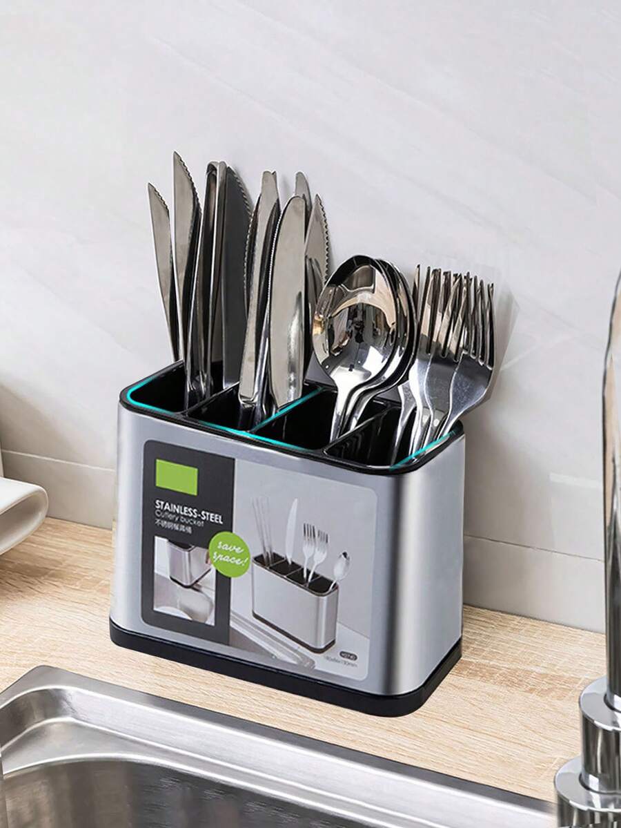 Stainless Steel Kitchen Utensils Storage Rack, Knife Holder, Spoon Fork Chopsticks Cookware Organizer Tray Stand - Silver - View 1