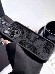1pc Black Line Dragon Pattern Shockproof TPU Phone Case, Compatible With Apple 16, 15, 14, 13, 12, 11 Pro Max, And Series - 黑色 - 查看 5