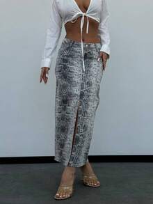Women's Midi Snake Print Front Spilt Denim Skirt - White - View 2