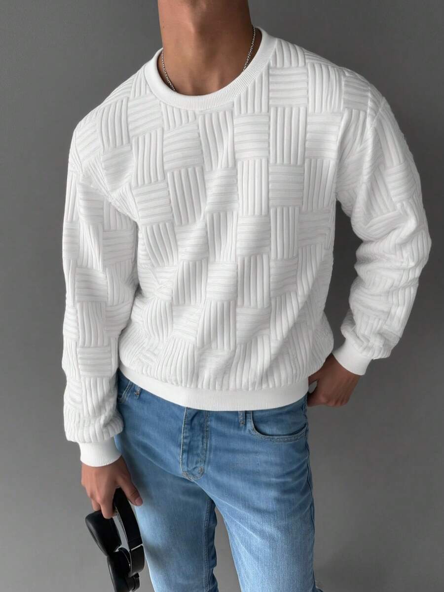 男士复古提花卫衣，秋季款，长袖上衣 - 白色 - 查看 1