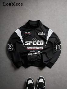 Modcrash 男士半拉链卫衣，黑白拼接赛车号码图案印花，休闲套头卫衣，春夏款 - 黑與白 - 查看 2