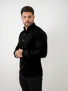 Camisa Gola Padre Masculina | Microfibra Premium com Elastano | Não Amassa | Slim Fit - Preto - Visão 1