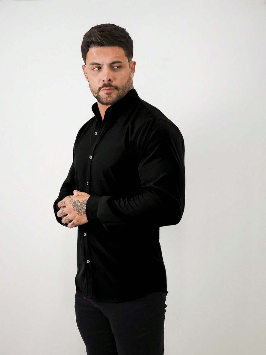 Camisa Gola Padre Masculina | Microfibra Premium com Elastano | Não Amassa | Slim Fit - Preto - Visão 1