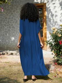 Royal Blue Embroidered Dubai Style Casual Short Sleeve Robe For Women - Royal Blue - View 2